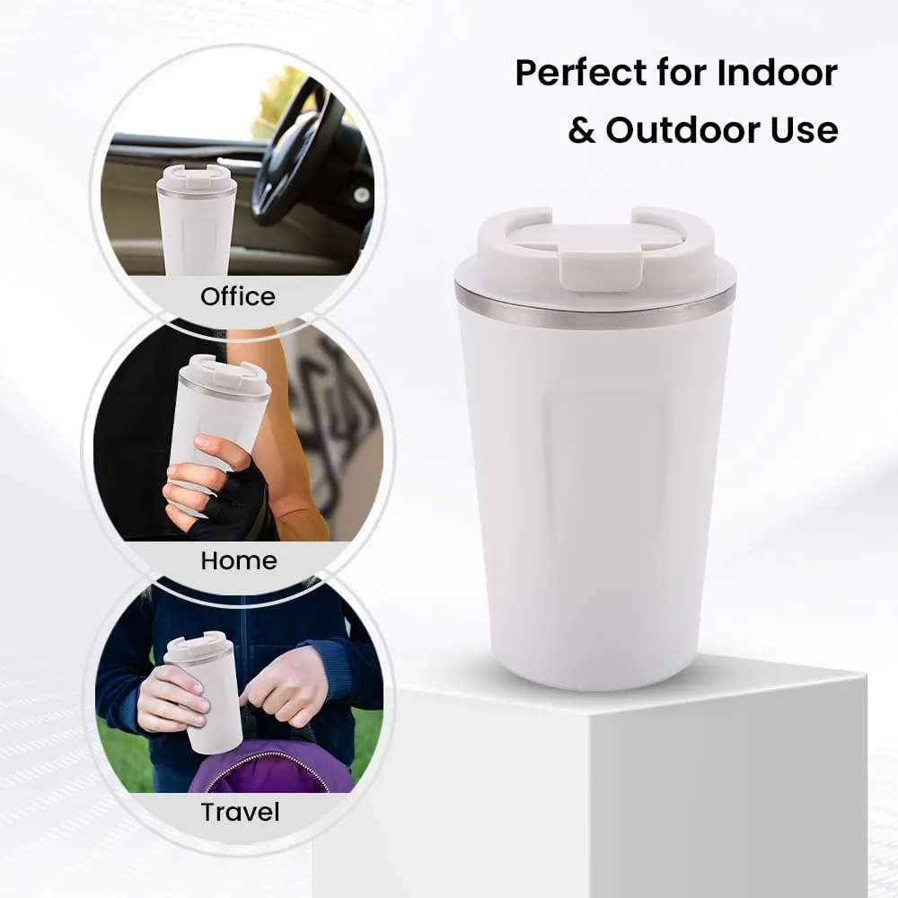 Kuber Industries Stainless Steel Insulated Coffee Cup with Sipper Mouth|Travel Coffee Mug 380 ML-Pack of 2|White|