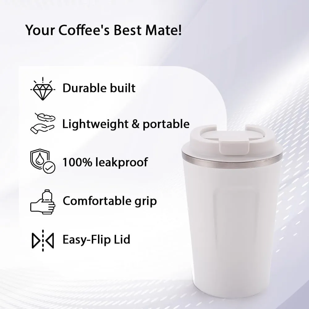 Kuber Industries Stainless Steel Insulated Coffee Cup with Sipper Mouth|Travel Coffee Mug 380 ML-Pack of 2|White|