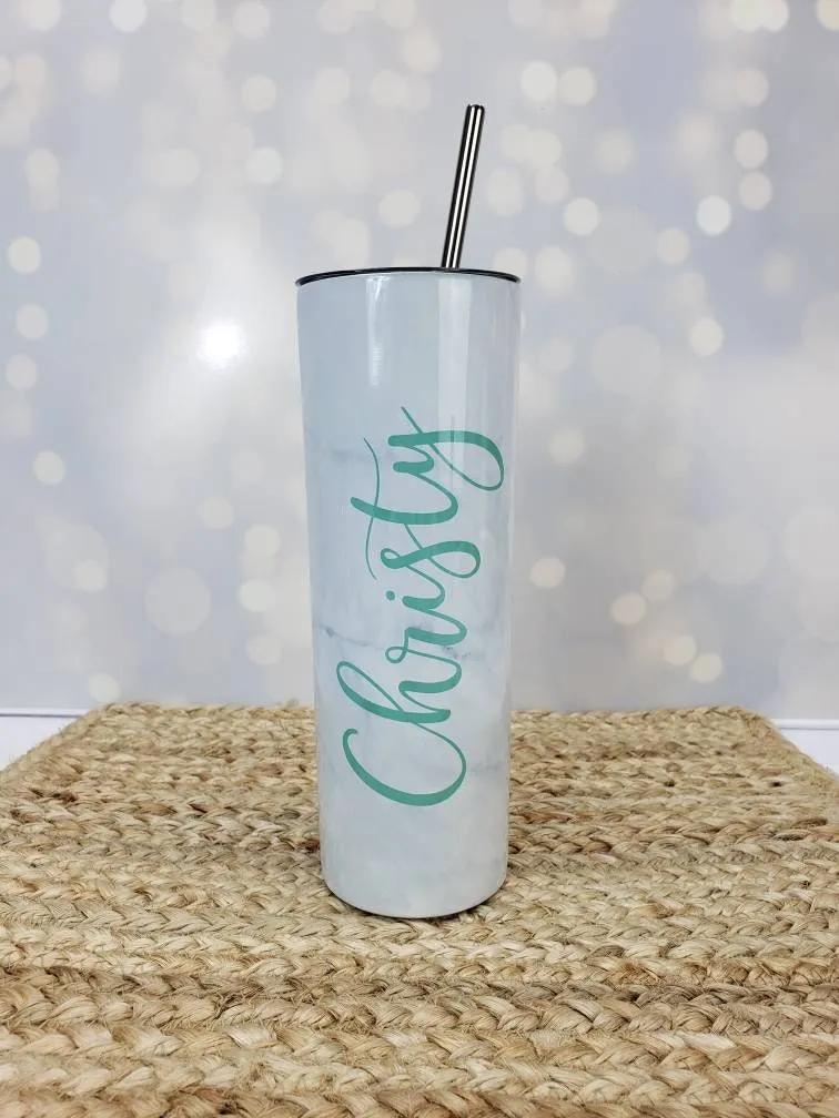 Marble Tumbler with Script Name in PERMANENT PRINT - 20 oz Hot or Cold Tumbler