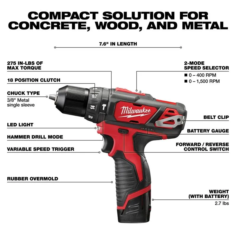 Milwaukee M12 3/8 in. Brushed Cordless Hammer Drill/Drive Kit (Battery & Charger)