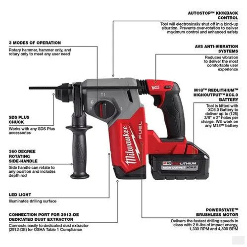 Milwaukee M18 FUEL 1 in SDS Plus Rotary Hammer Kit 2912-22DE