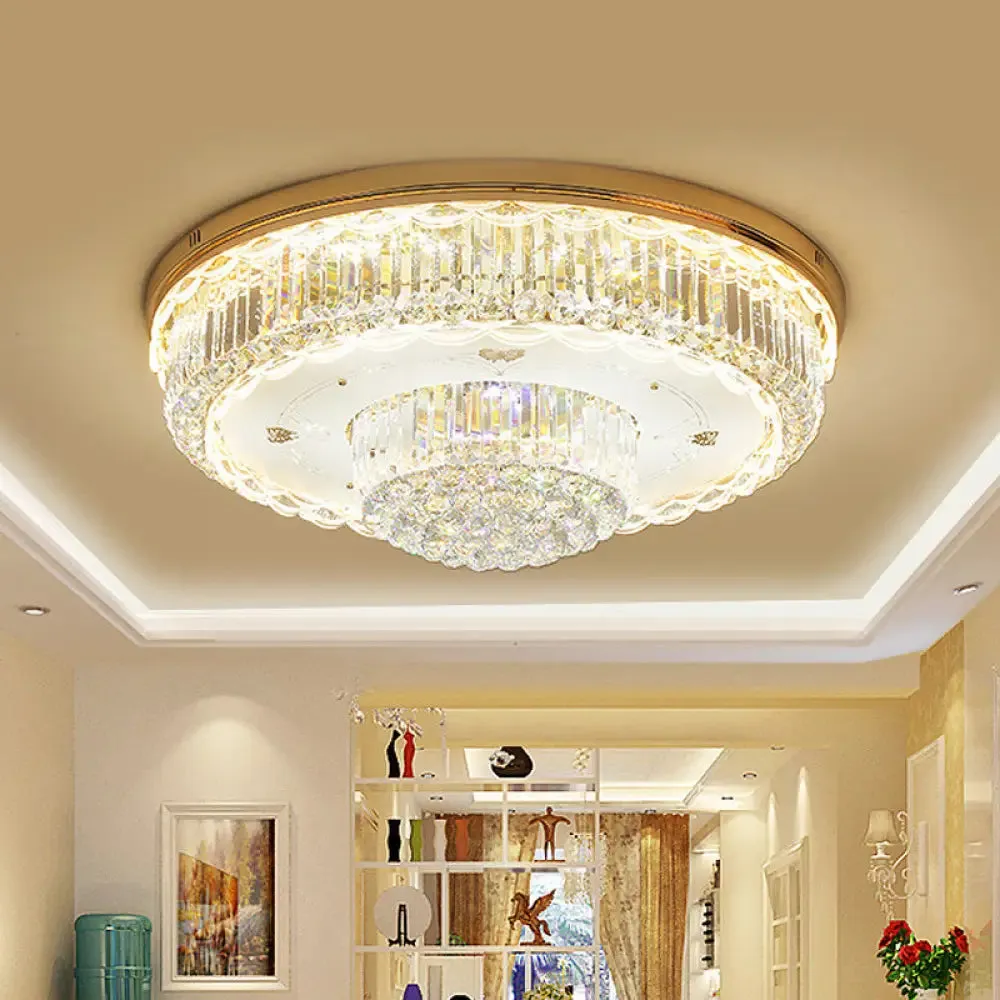 Minimalist Prismatic Crystal Gold Flush Mount Light for Living Room - 2 Tiers, LED Ceiling Fixture