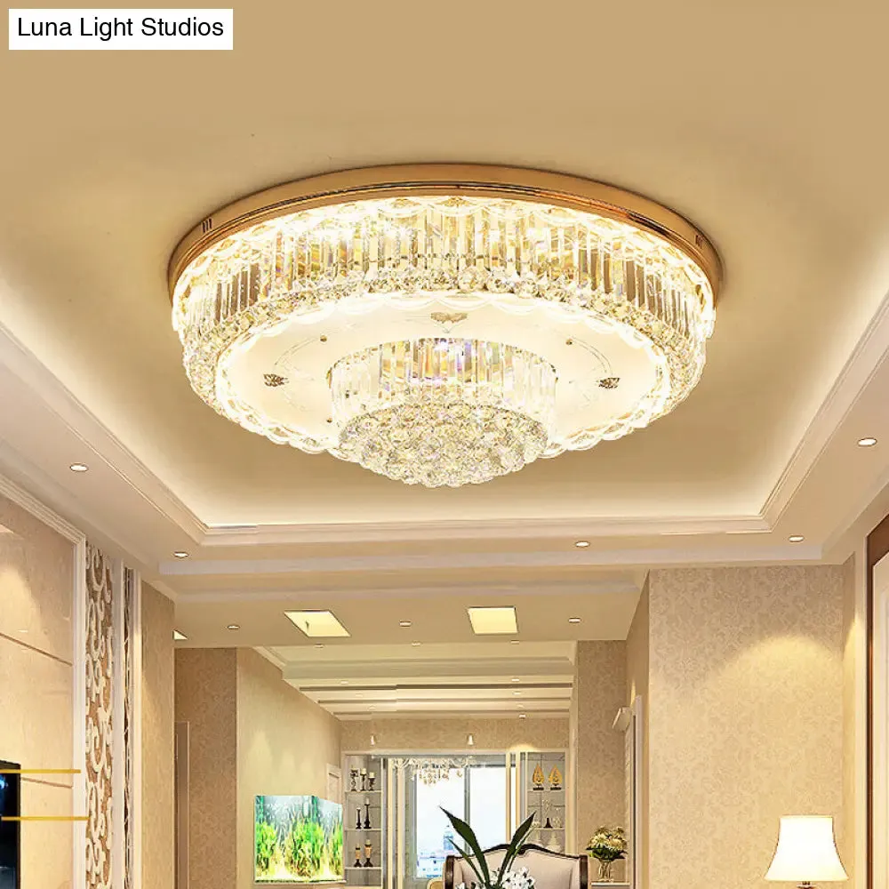 Minimalist Prismatic Crystal Gold Flush Mount Light for Living Room - 2 Tiers, LED Ceiling Fixture