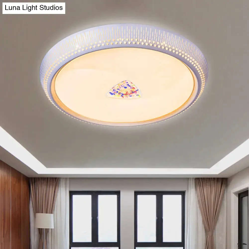 Modernist LED Metal Ceiling Lamp for Bedroom - White Drum Flush Light Fixture, 23"/31" Wide