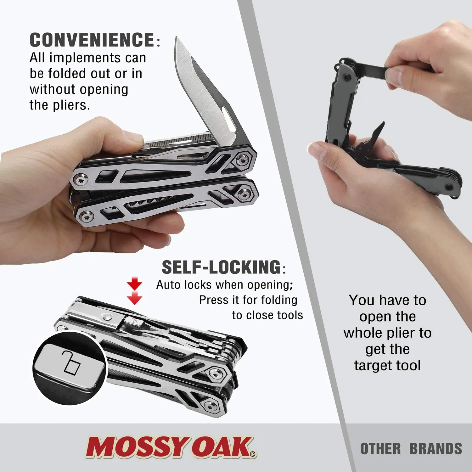 MOSSY OAK Multitool, 21-in-1 Stainless Steel Pocket Knife with Screwdriver Sleeve, Self-locking Pliers with Sheath-Perfect for Outdoor, Survival, Camping, Hiking, Simple Repair