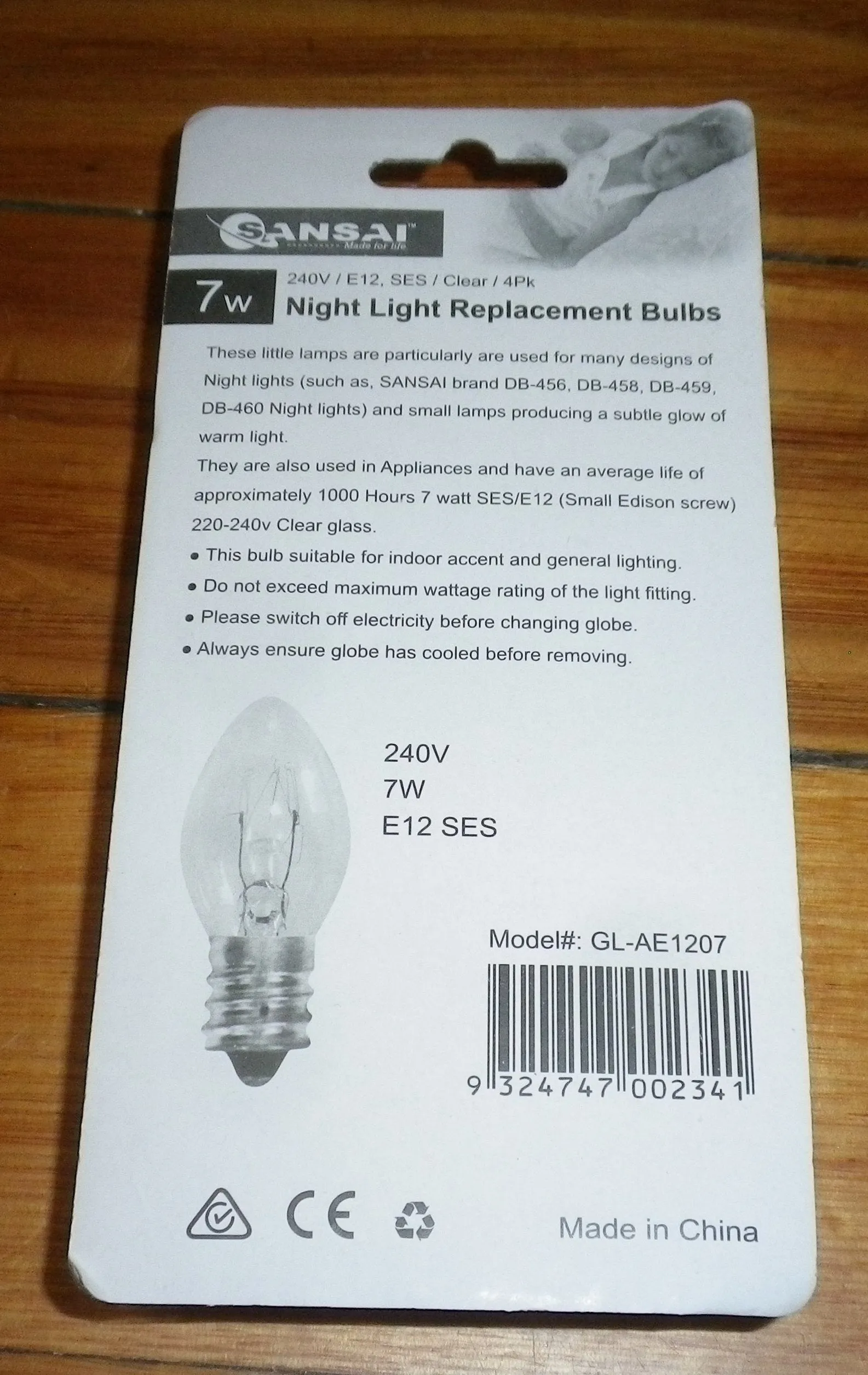 Night Light Globe 7Watt 240V E12 Miniature Pilot (Pkt 4) - Part # GL-AE1207