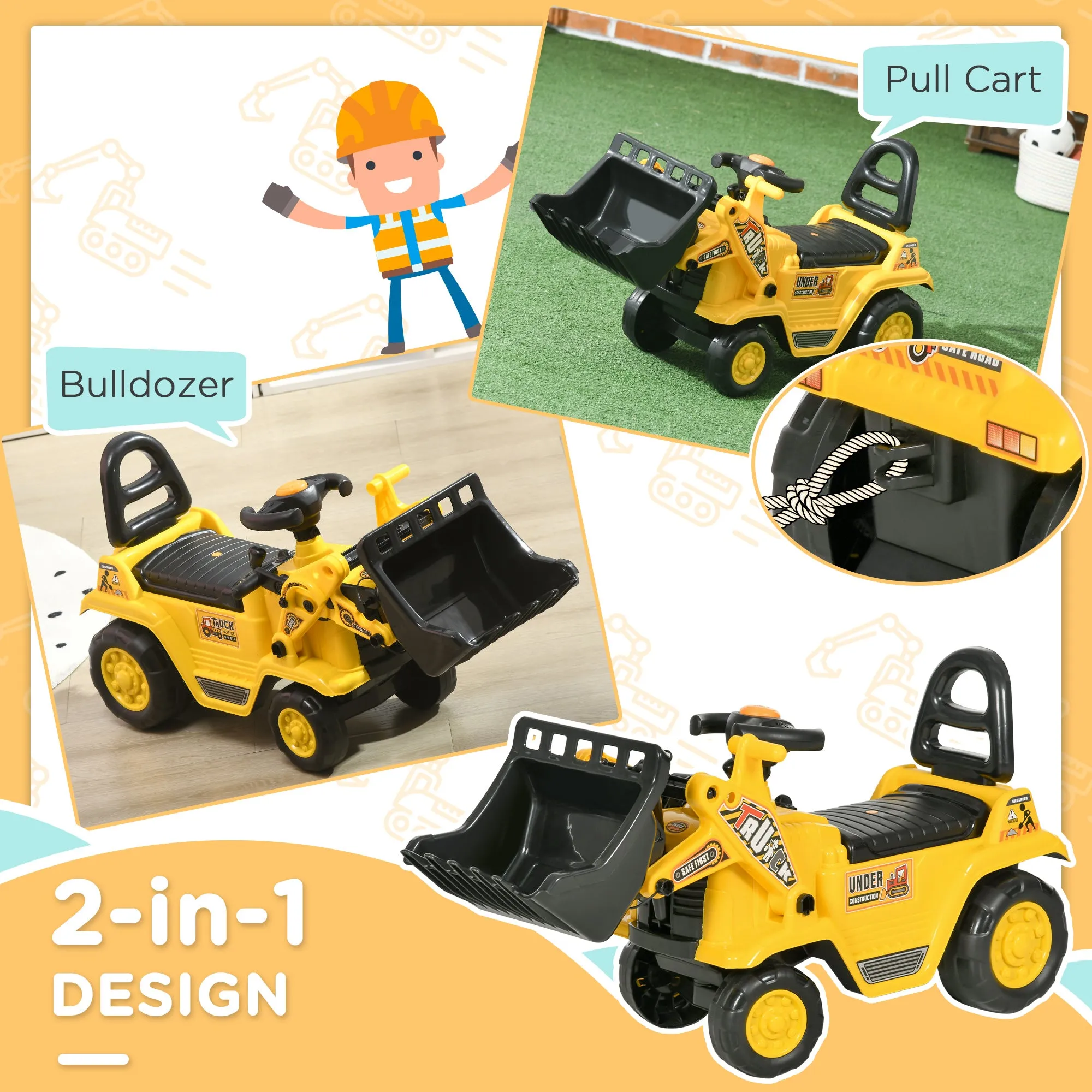 NO POWER 3 in 1 Ride On Toy Bulldozer Digger Tractor Pulling Cart Pretend Play Construction Truck