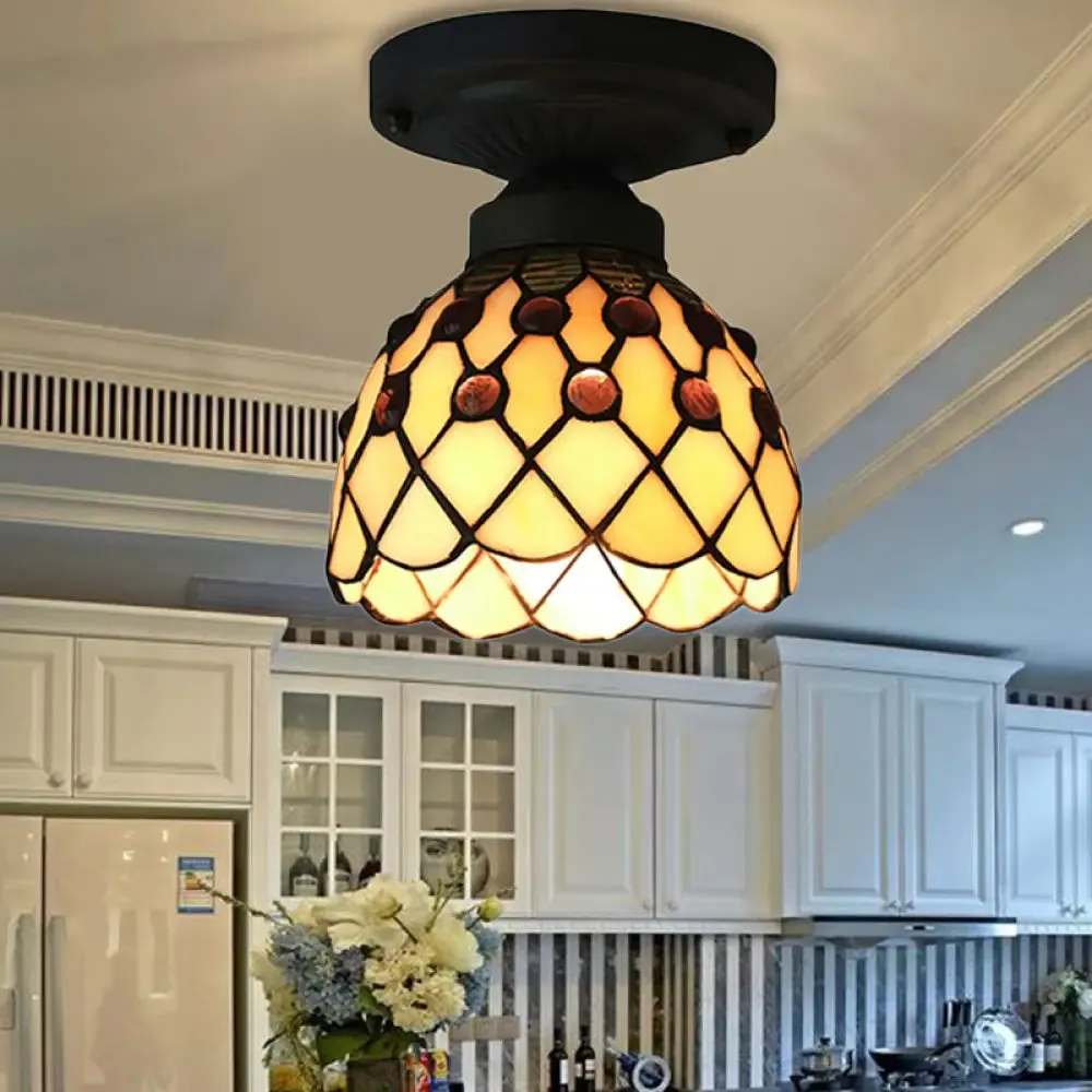 Retro Style Purple/Beige Glass Ceiling Light Fixture with Jewel Pattern - Cup Shade Semi Flush Mount