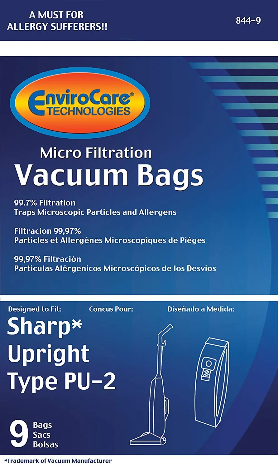 Sharp Upright Types PU-2 Vacuum Bags - 9 Pack (EnviroCare 844-9)