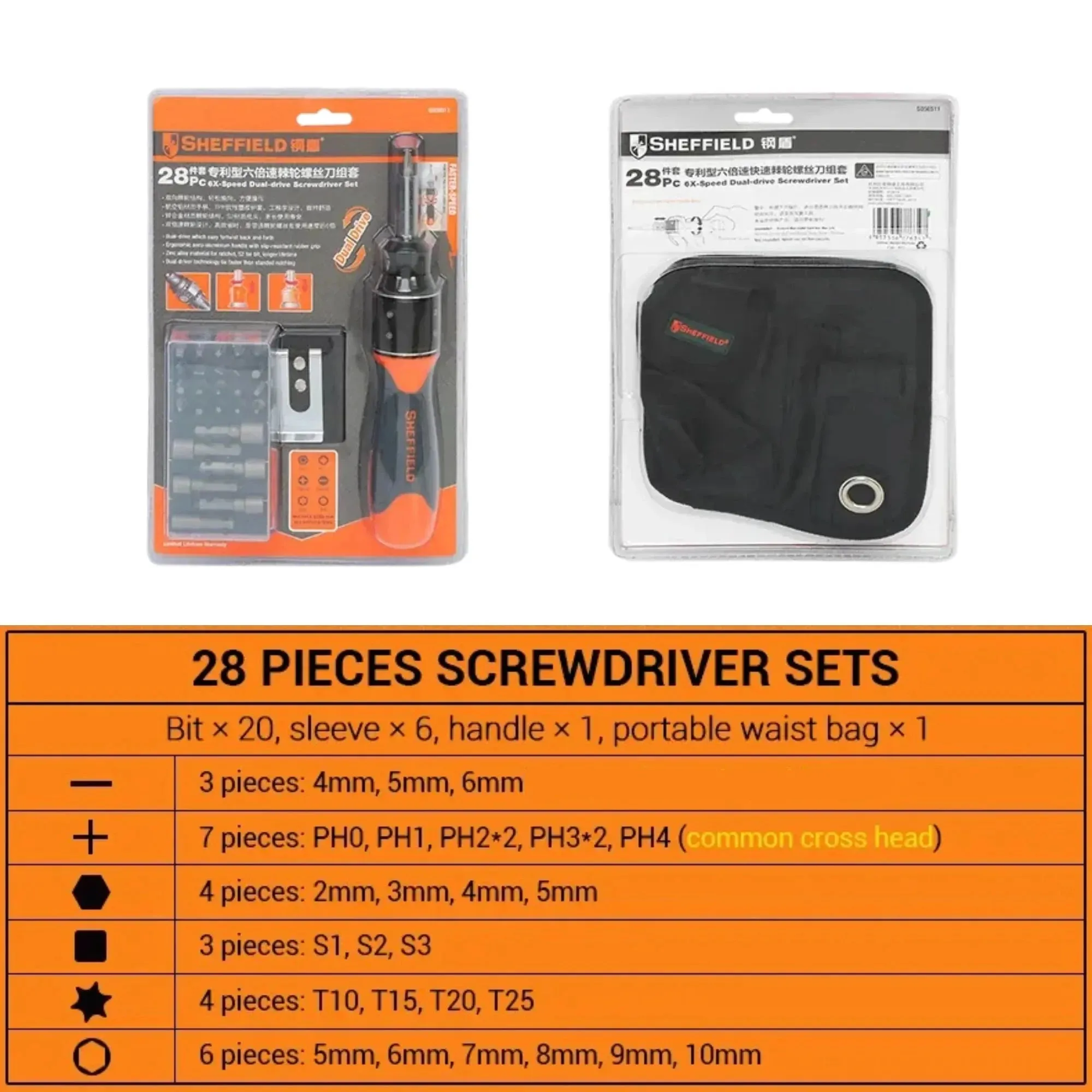 SHEFFIELD S056511 Dual Drive 6x Speed Ratcheting Screwdriver: With 28 Bits, ideal for DIY, Work, Home, PC Repair