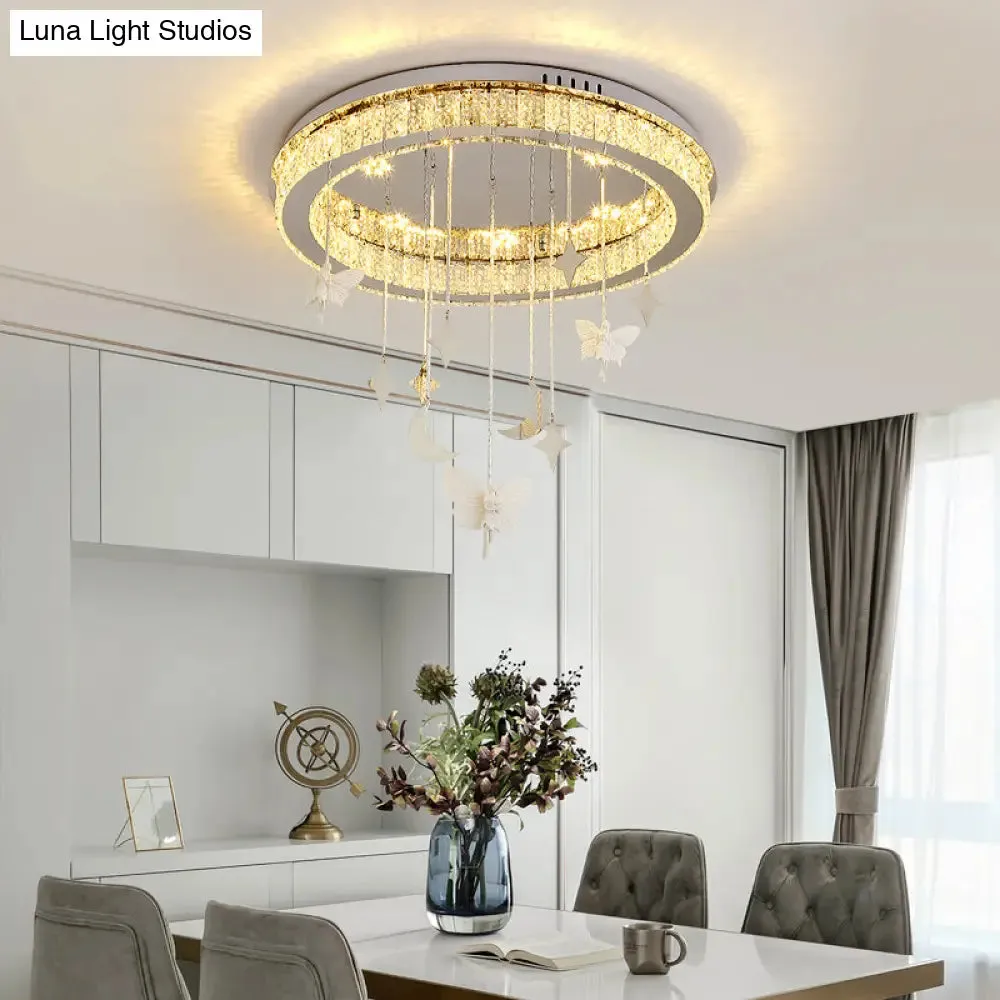 Sleek Nickel Circular Ceiling Light Fixture: Simple Style with K9 Crystal, LED Flush Mount