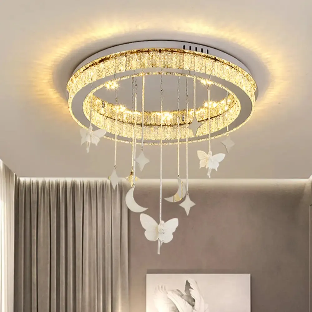 Sleek Nickel Circular Ceiling Light Fixture: Simple Style with K9 Crystal, LED Flush Mount