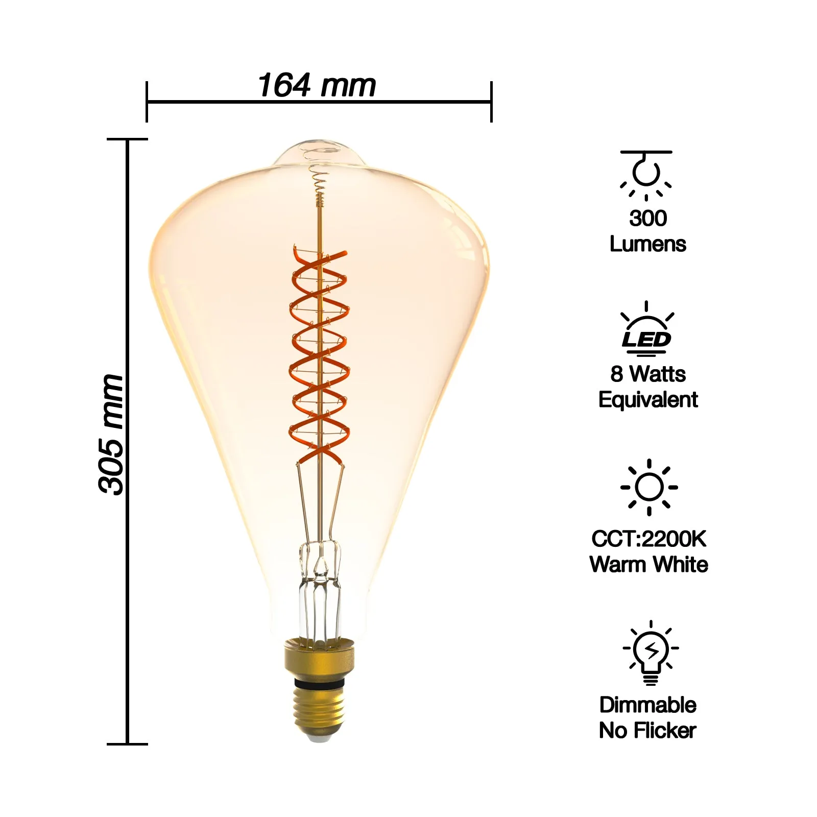 ST164 Dimmable LED Decorative Oversized Edison Bulbs 8W 300LM 2200K Warm White (40W Equivalent) Amber Glass CRI90