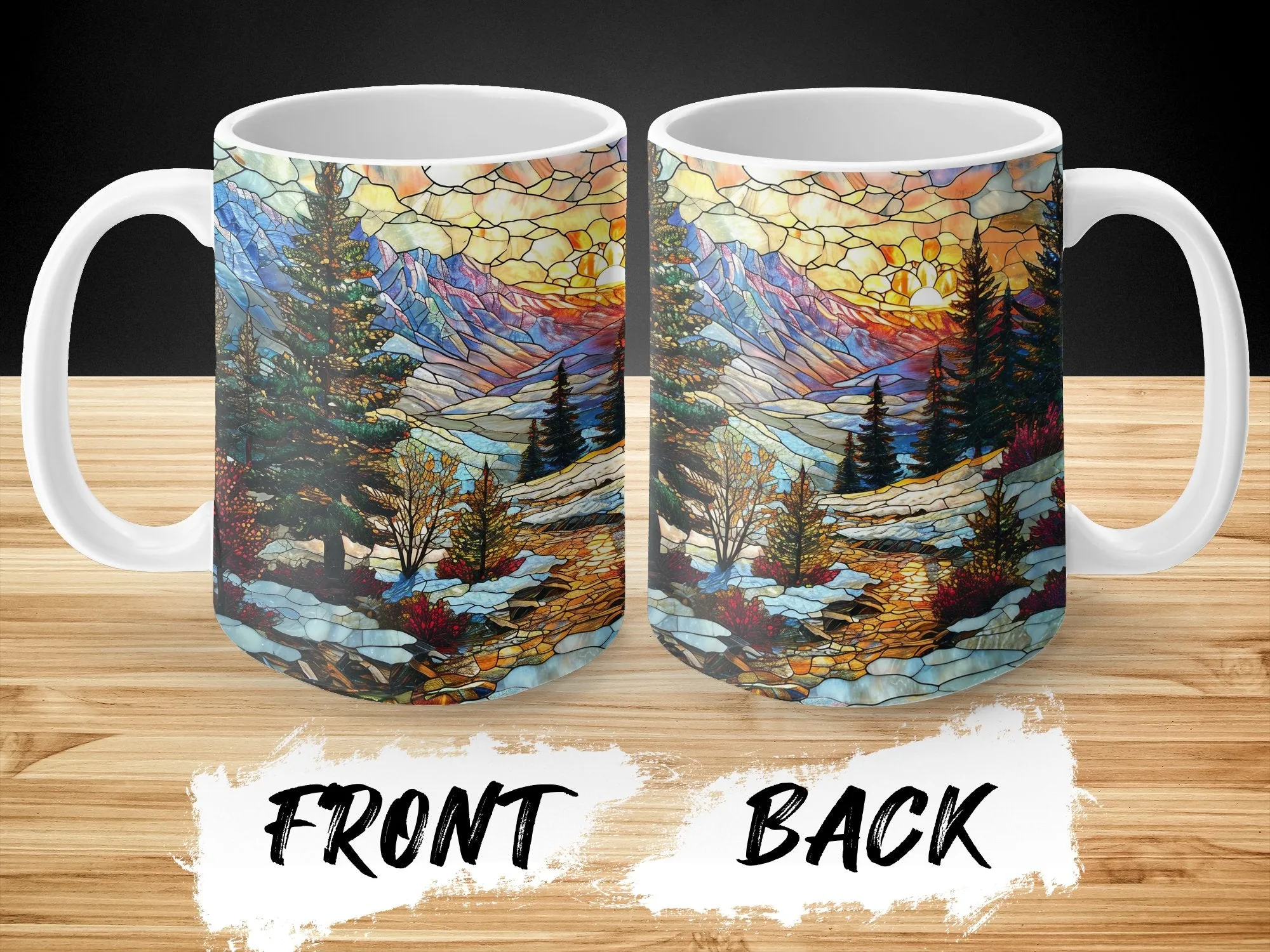 Stained Glass Style Scenic Mountain Landscape Mug, Artistic Nature Coffee Cup, Vibrant Stained Glass Design Drinkware