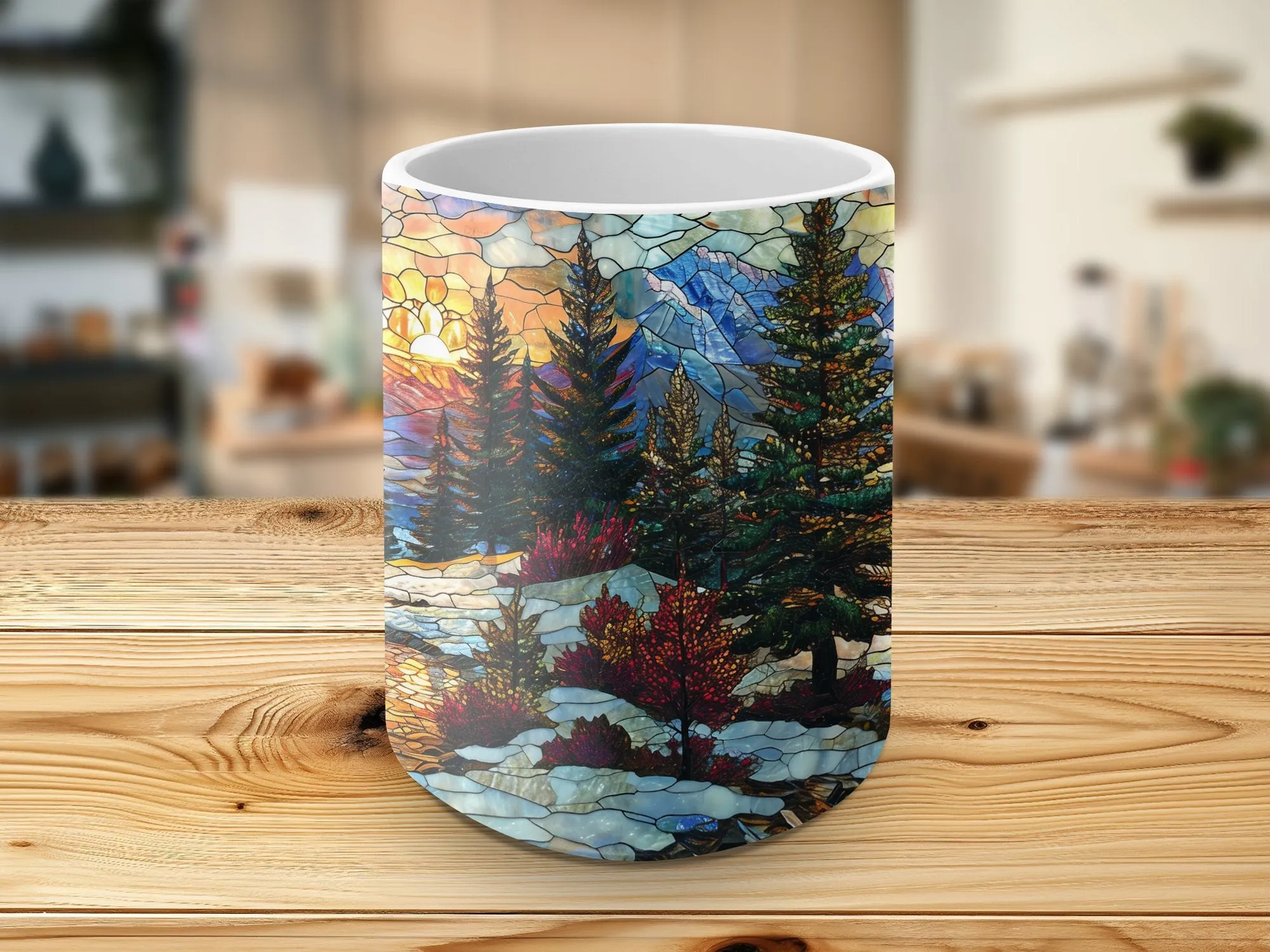 Stained Glass Style Scenic Mountain Landscape Mug, Artistic Nature Coffee Cup, Vibrant Stained Glass Design Drinkware