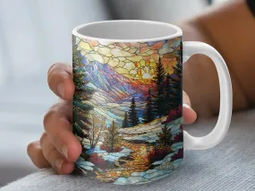 Stained Glass Style Scenic Mountain Landscape Mug, Artistic Nature Coffee Cup, Vibrant Stained Glass Design Drinkware