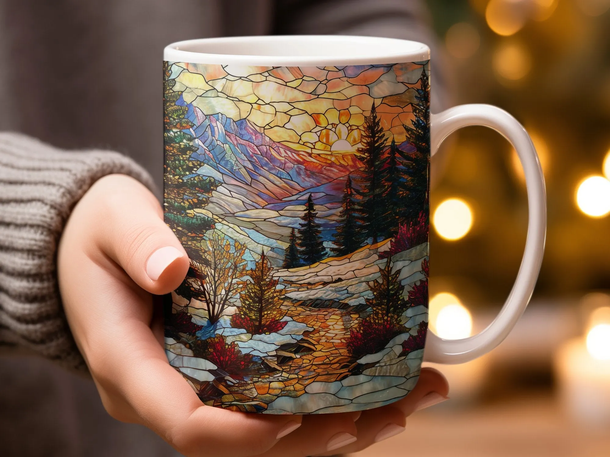 Stained Glass Style Scenic Mountain Landscape Mug, Artistic Nature Coffee Cup, Vibrant Stained Glass Design Drinkware