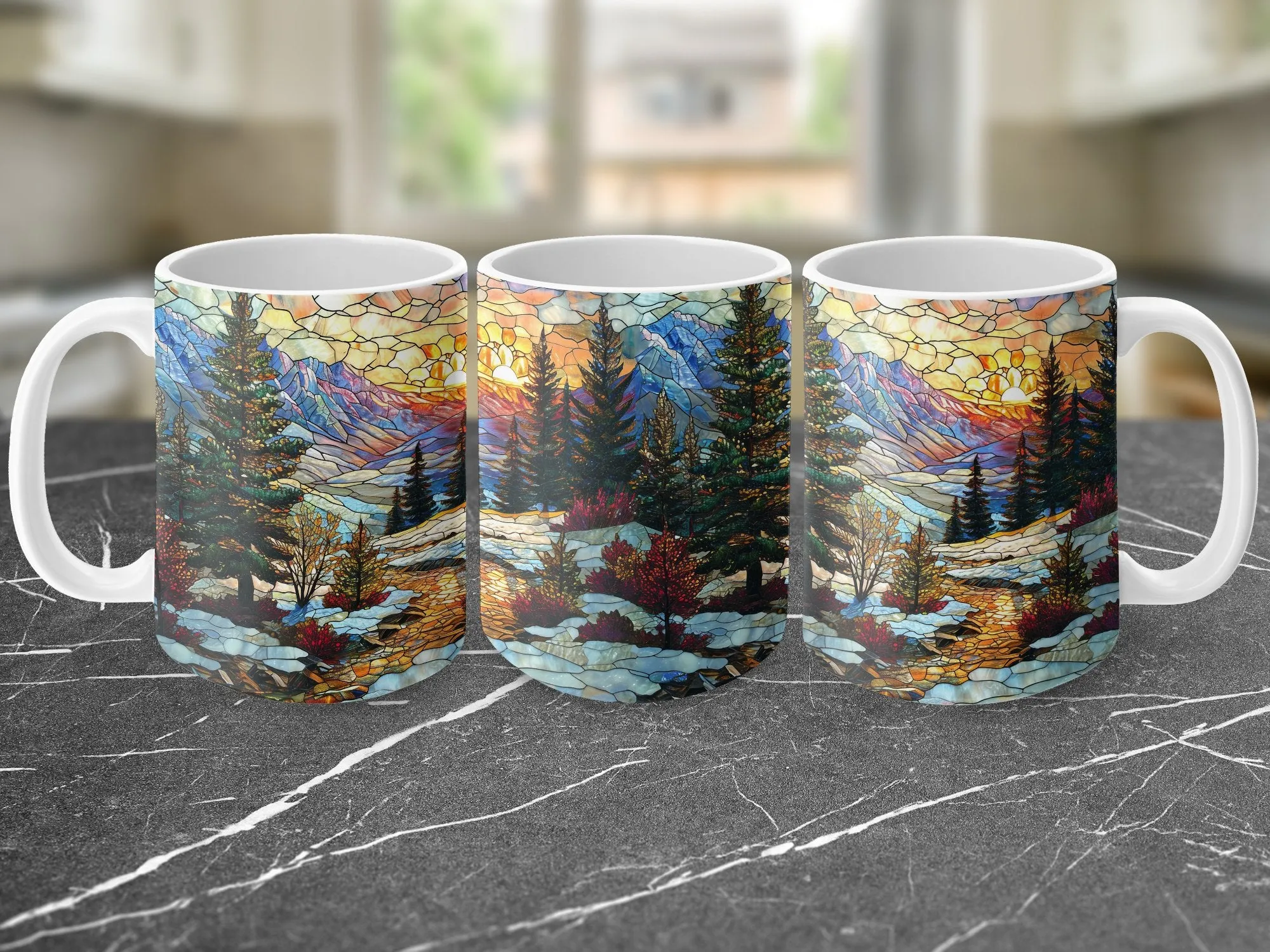 Stained Glass Style Scenic Mountain Landscape Mug, Artistic Nature Coffee Cup, Vibrant Stained Glass Design Drinkware