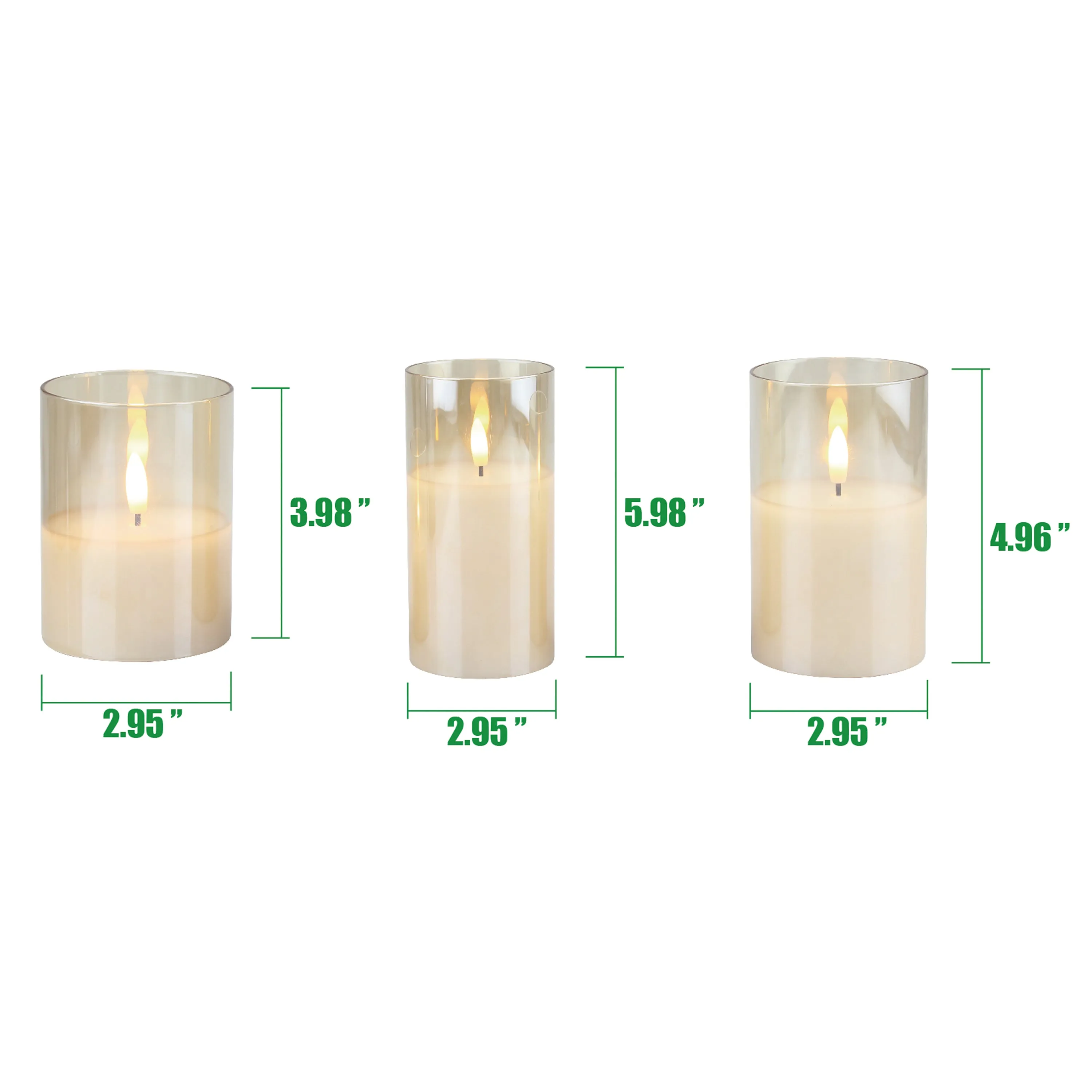 Stonebriar 3 Pack Real Wax Assorted Size Flameless LED Pillar Candles in Gold Glass Hurricane Candle Holder with Remote and Timer (WS)