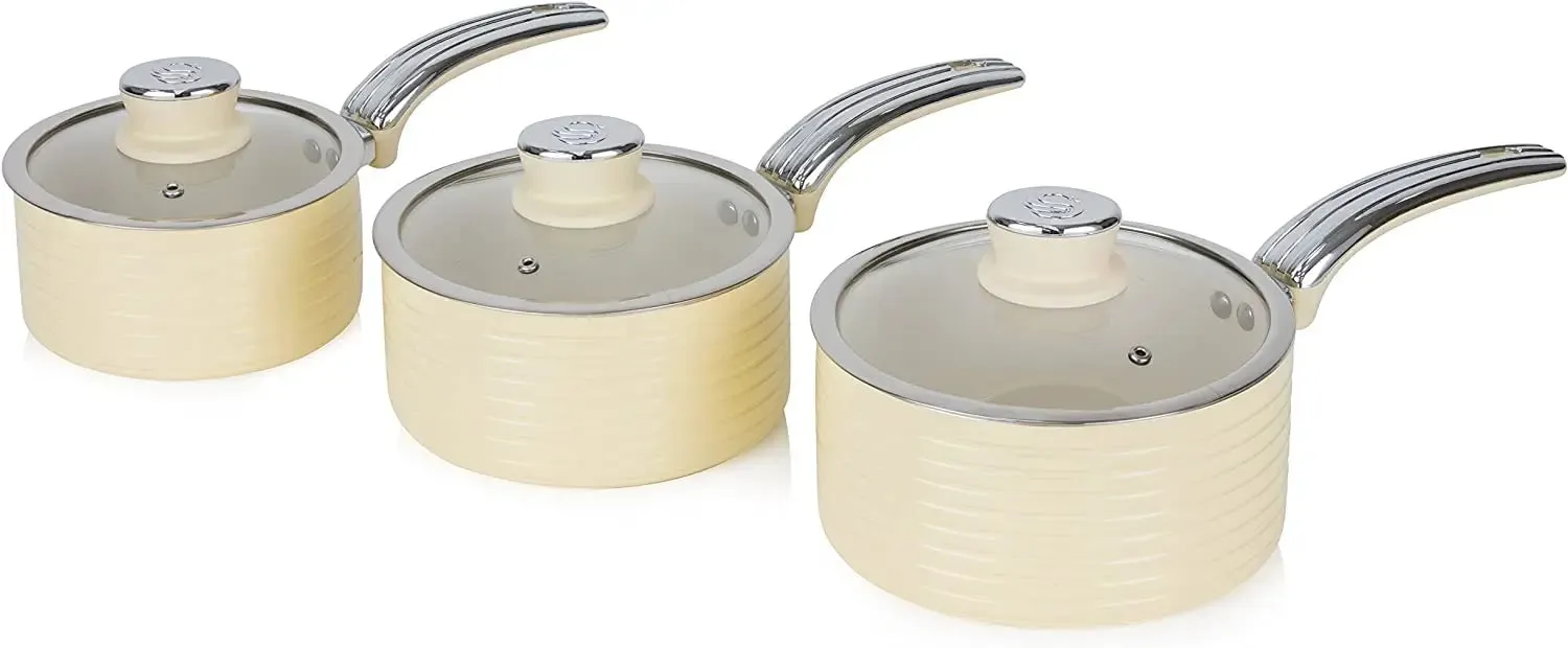 Swan Retro 3 Piece Saucepan Set Cream