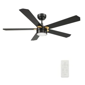 TARRASA 52 inch 5-Blade Smart Ceiling Fan with LED Light Kit & Remote Control- Black/Black (Gold Details)