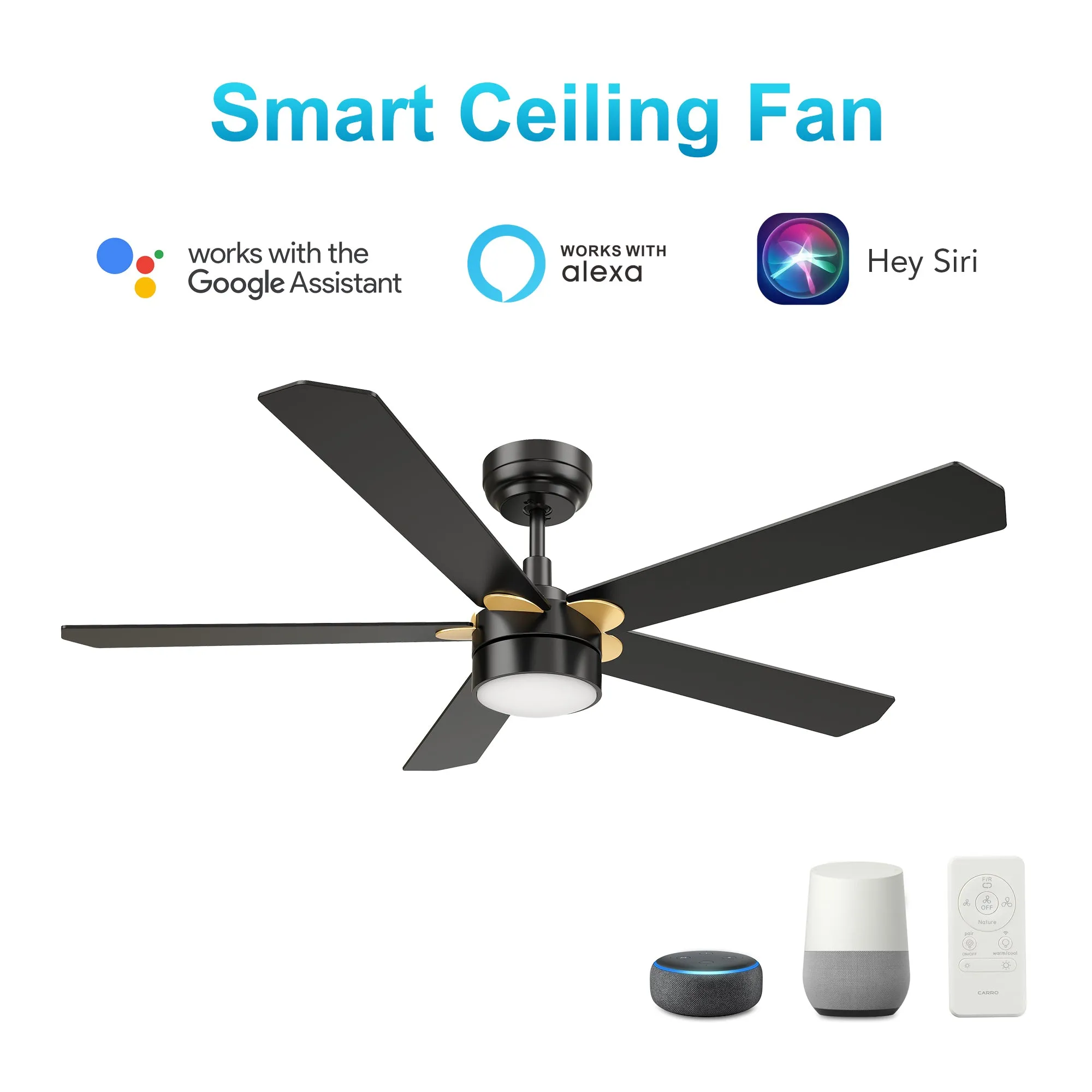 TARRASA 52 inch 5-Blade Smart Ceiling Fan with LED Light Kit & Remote Control- Black/Black (Gold Details)