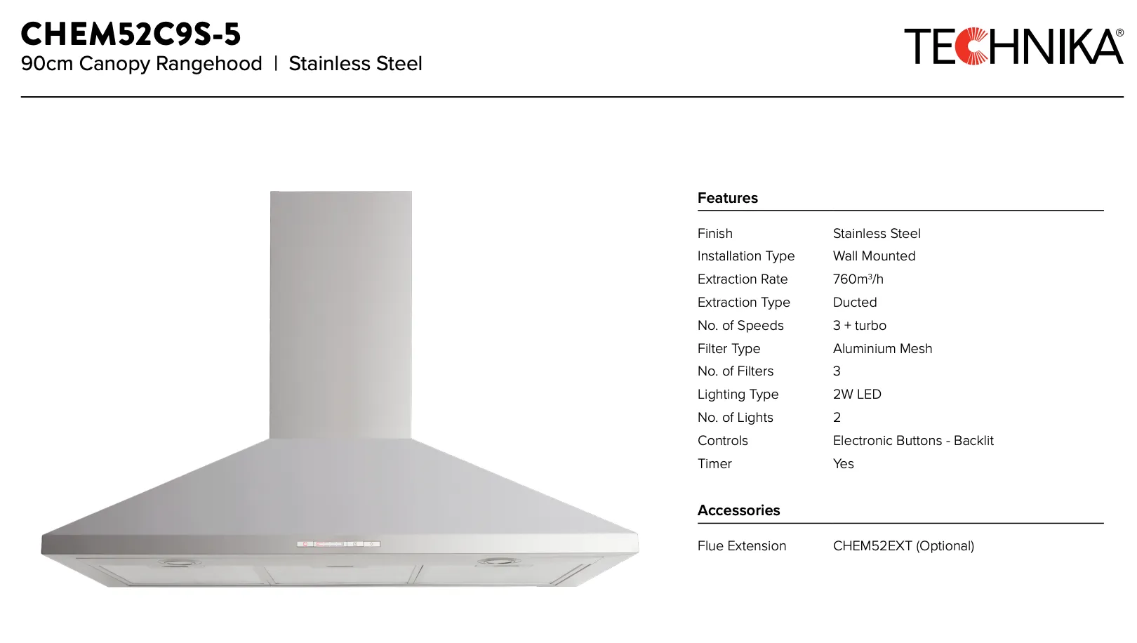 Technika CHEM52C9S-5 90cm High Extraction Rangehood - Clearance Discount