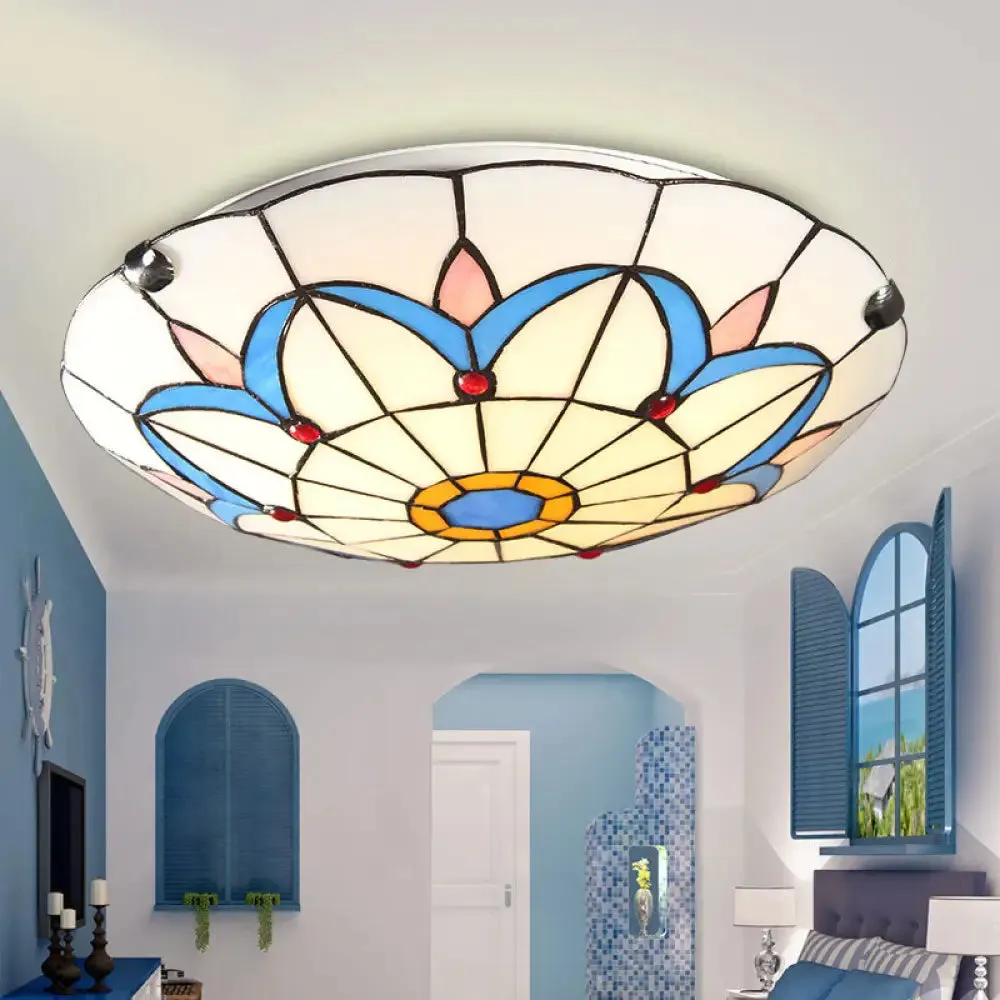 Tiffany Glass Mediterranean Flushmount Ceiling Light for Restaurants - Bowl LED Flush Mount