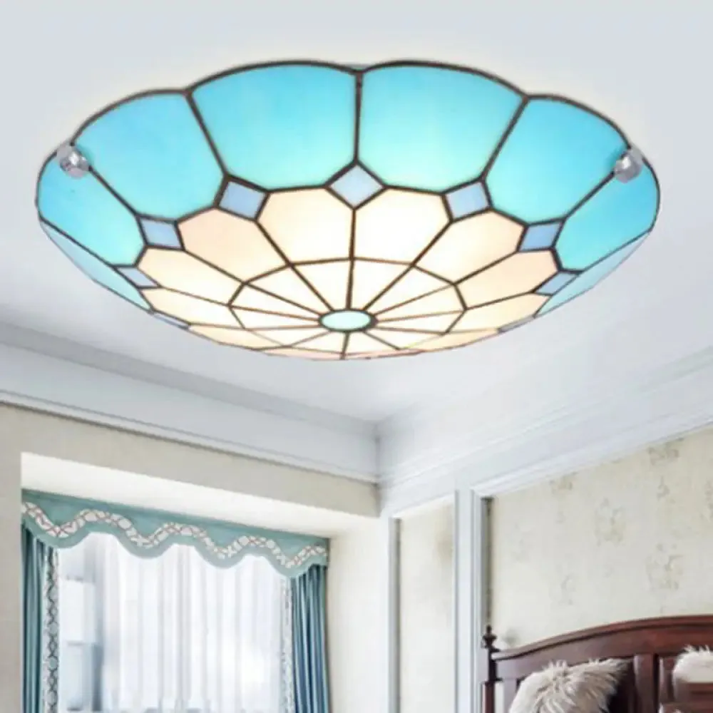 Tiffany Glass Mediterranean Flushmount Ceiling Light for Restaurants - Bowl LED Flush Mount