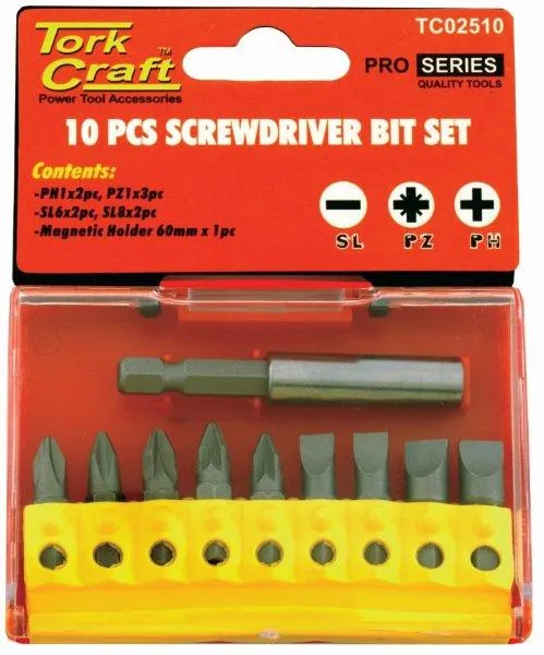 TORK CRAFT SCREWDRIVER BIT SET 10PCS(PH2X2.PZ2X3SLOTTED6MMX2.8MMX2) TC02510