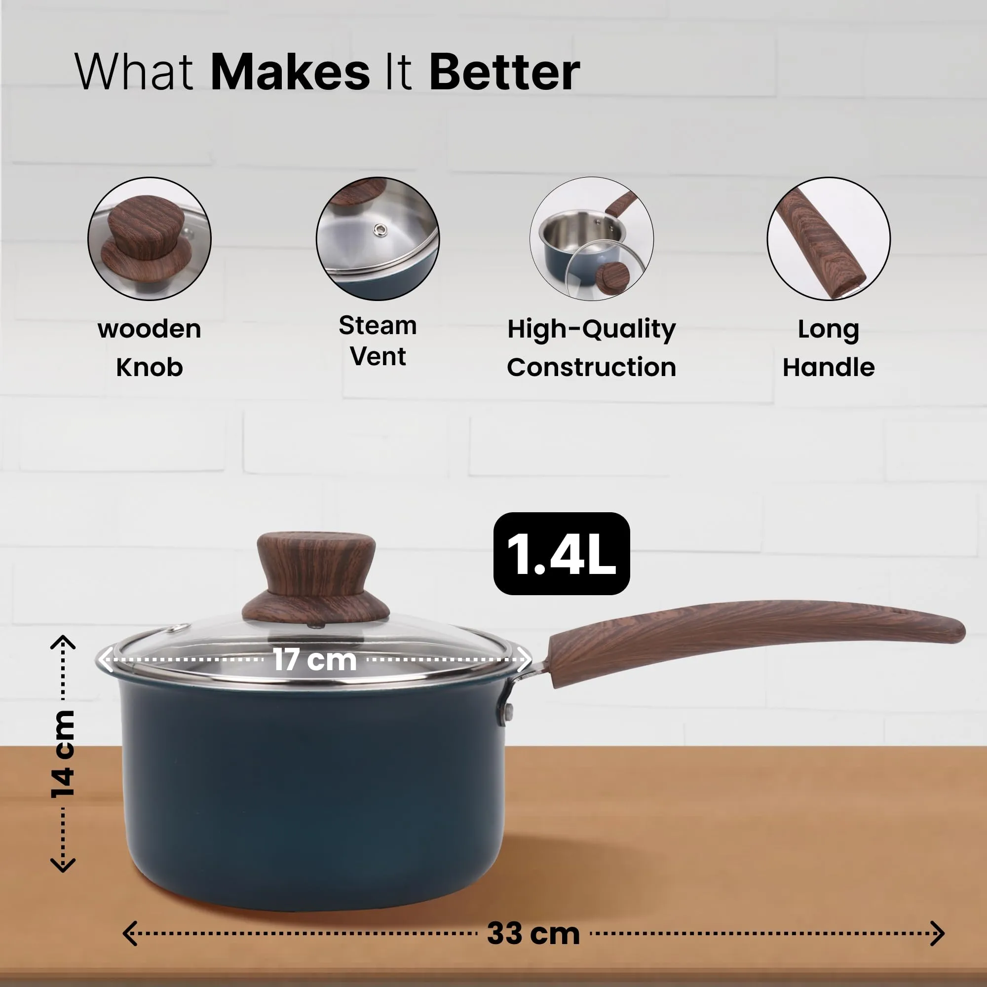 UMAI Triply Saucepan (16cm, 1.4L) with Lid (Teal Green) | 2.5mm Thickness | Sauce Pot with Lid | Tea Milk Boiling Pan | Gas & Induction Cookware | Cooking Pot | Chai Patila | Small Pan (Green)