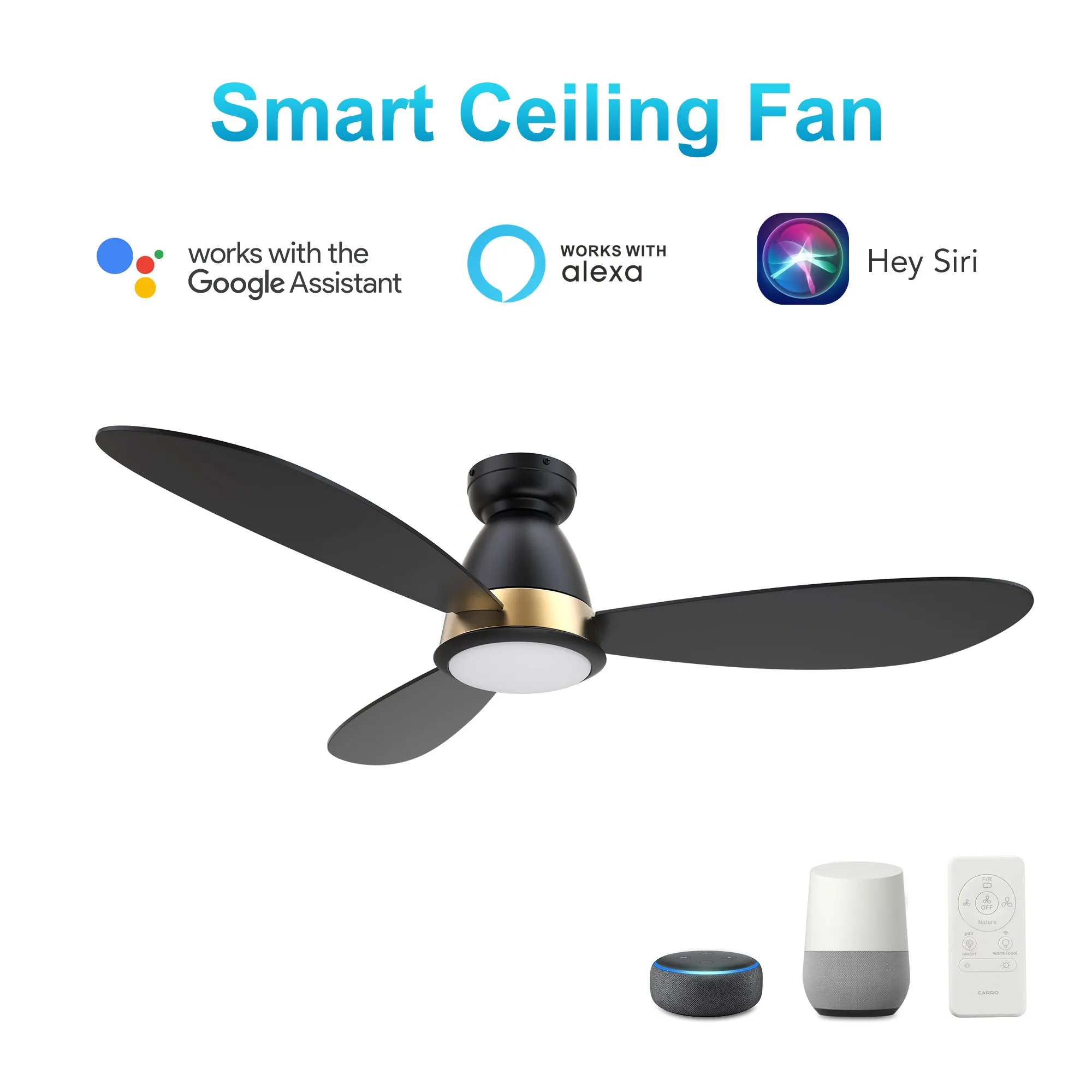 YORK 52 inch 3-Blade Flush Mount Smart Ceiling Fan with LED Light Kit & Remote Control- Black (Gold Details)